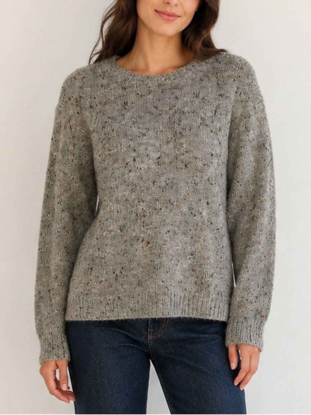 En Thread Wool Silk Blend Heathered Grey Flecked Crewneck Sweater Size L